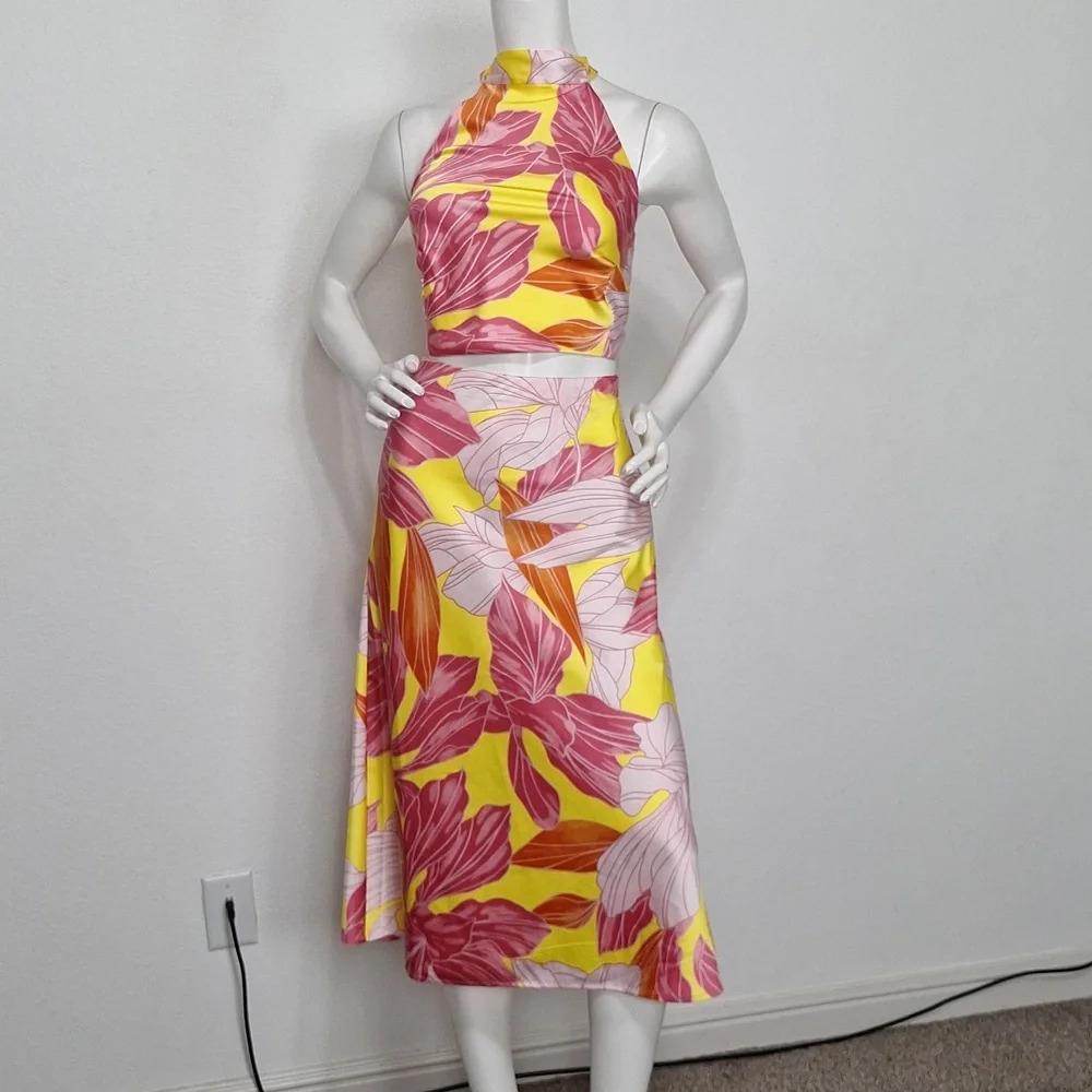 Sigrid Olsen "NEW" Bohemian Pink Yellow Floral Hippie Midi Skirt & Halter Set *S